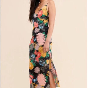 Zhu black/floral silky wrap band bodice maxi NWT M